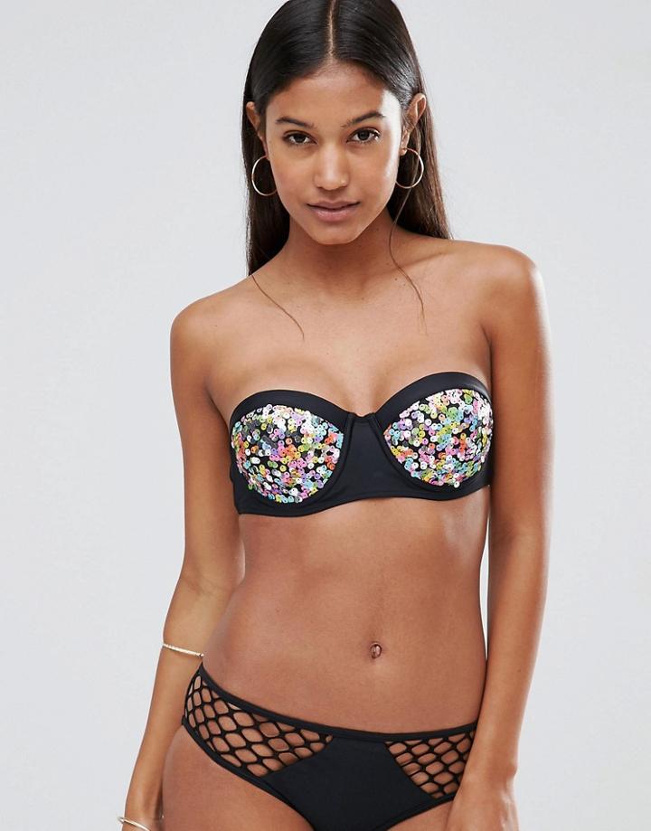 Boohoo Boutique Sequin Underwired Bikini Top - Black