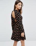 Asos Mini Skater Dress In Ditsy Floral With Open Back - Multi