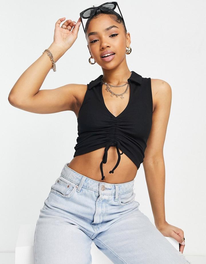 New Look Ruched Front Collared Tank Top In Black-gray
