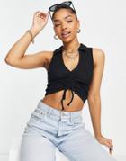 New Look Ruched Front Collared Tank Top In Black-gray
