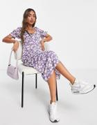 Qed London Twist Front Puff Sleeve Midi Dress In Lilac Daisy Print-multi
