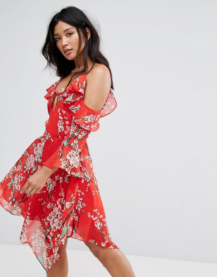 Boohoo Cold Shoulder Asymmetric Hem Dress - Red