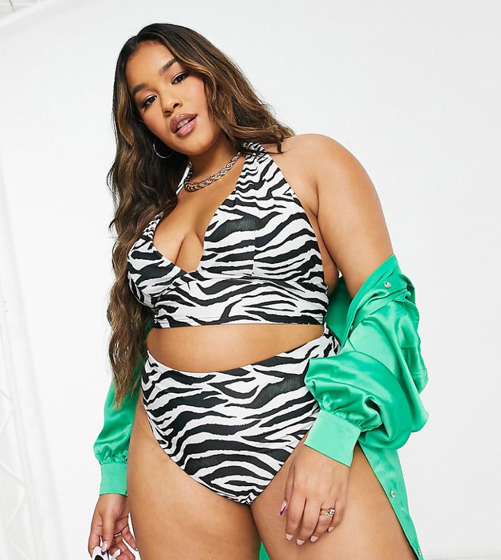 Asos Design Curve Mix And Match Halter Plunge Bikini Top In Zebra Print-multi