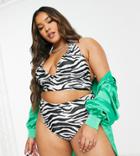 Asos Design Curve Mix And Match Halter Plunge Bikini Top In Zebra Print-multi