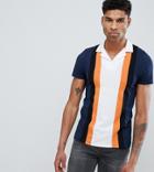 Asos Design Tall Polo Shirt With Retro Vertical Panels And Revere Collar - Navy