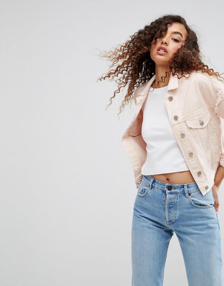 Asos Denim Jacket In Washed Pink With Rips - Blue