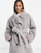 Asos Design Bonded Shearling Trench Coat In Gray-grey