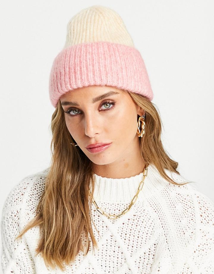 & Other Stories Ribbed Color Block Beanie In Pink And Beige-multi