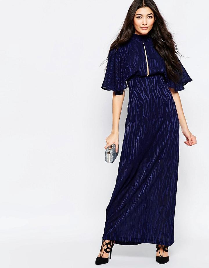 Liquorish Kimono Sleeve Maxi Dress In Burnout Print - Navy Burnout Print