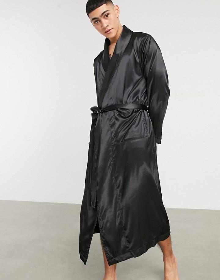 Asos Design Dressing Gown In Black Satin - Part Of A Set