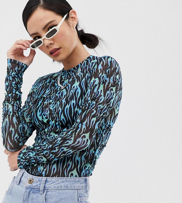 Collusion Mesh Ruched Top In Flame Print