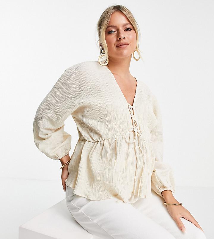 Asos Design Maternity Natural Crinkle Lace Up Front Top In Oatmeal-black