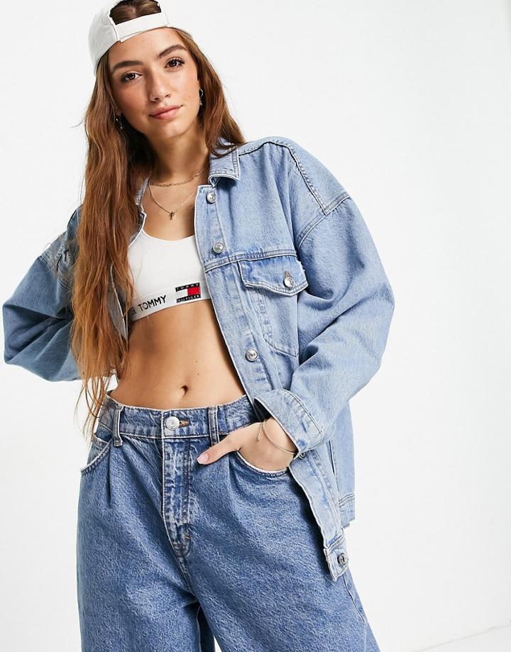 Stradivarius Organic Cotton Oversized Denim Jacket In Medium Wash-blues
