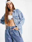 Stradivarius Organic Cotton Oversized Denim Jacket In Medium Wash-blues