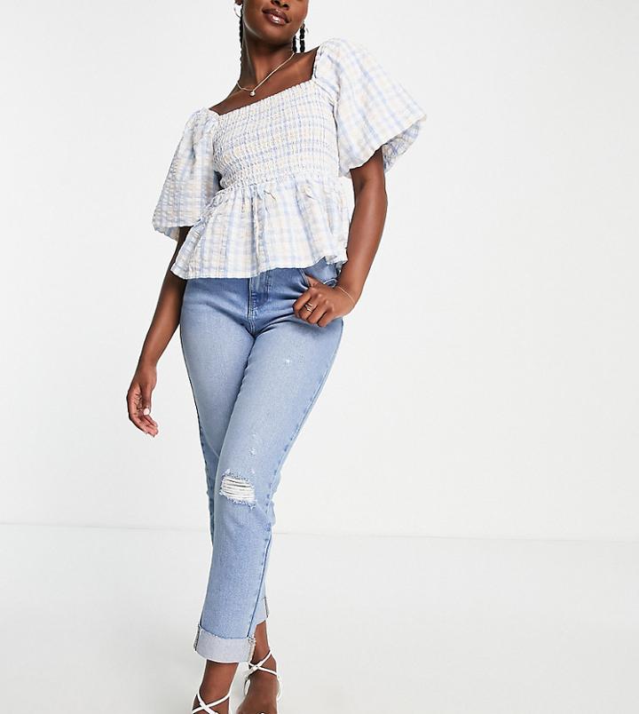 Urban Bliss Slim Jeans With Busted Knee In Light Wash-blue