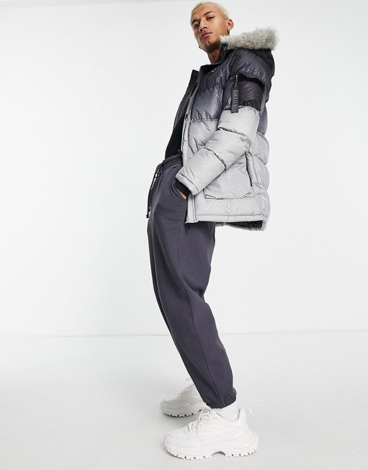 Siksilk Puff Padded Parka With Fur Hood In Gray Fade-grey