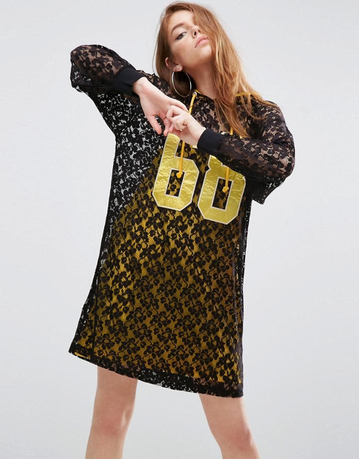 Asos Lace Hoodie Dress With Contrast Lining - Black