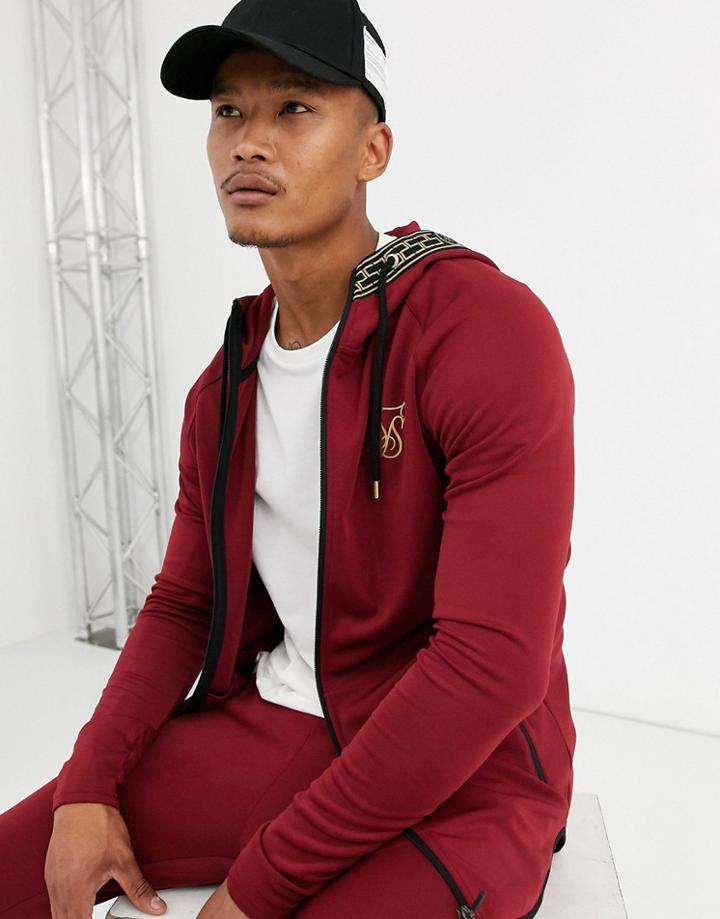 Siksilk Zip Thru Hoodie In Burgundy With Hood Detail-red