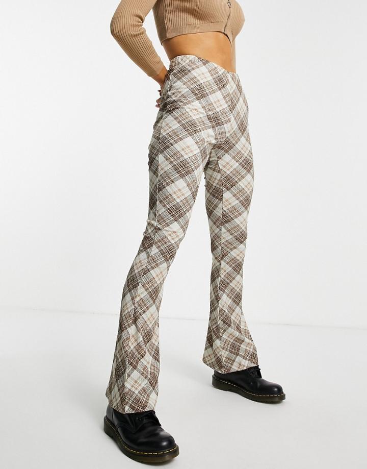 Topshop Crinkle Flared Pant In Neutral Check Print-multi