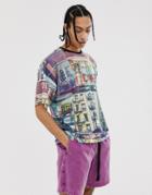 Asos Design Oversized T-shirt With Photographic Print In Linen Mix - Multi