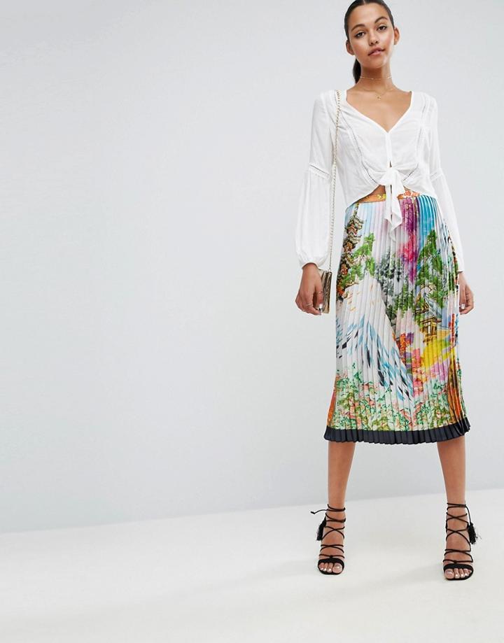 Asos Satin Pleated Midi Skirt In Scenic Print - Multi