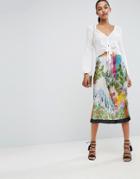 Asos Satin Pleated Midi Skirt In Scenic Print - Multi