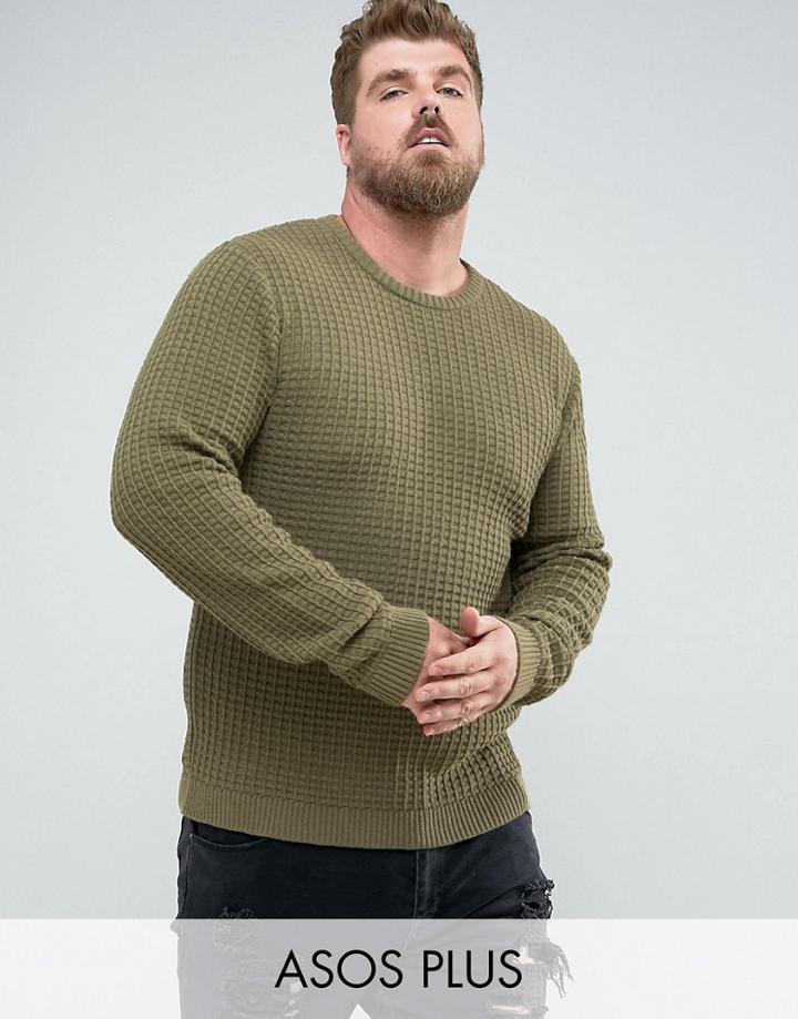 Asos Plus Muscle Fit Textured Sweater In Khaki - Green