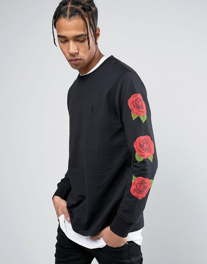 Criminal Damage Long Sleeve T-shirt In Black With Rose Sleeve Print - Black
