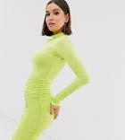 Flounce London Slinky High Neck Mini Dress With Ruched Detail In Lime-green