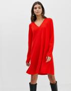Asos Design V Neck Dress In Fine Knit With Ruffle Hem - Red