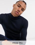 Asos Design Tall Muscle-fit Lightweight Cable Sweater In Navy