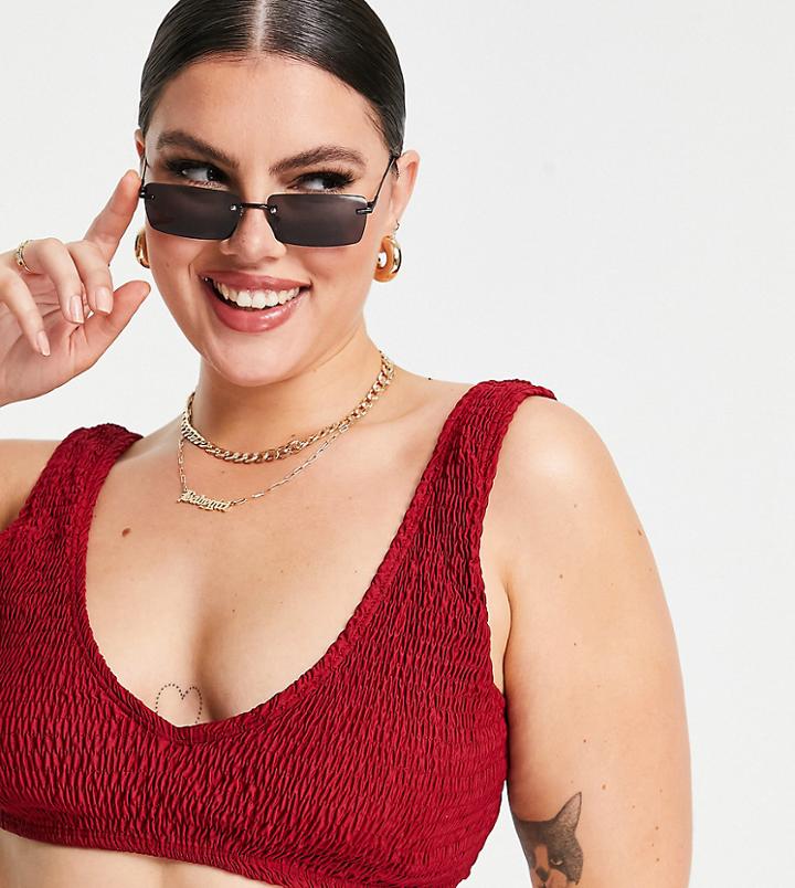 Missguided Plus Crinkle Scoop Bikini Top In Rust-orange