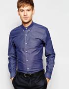 Number Eight Savile Row Chambray Shirt With Button Down Collar In Skinny Fit - Navy