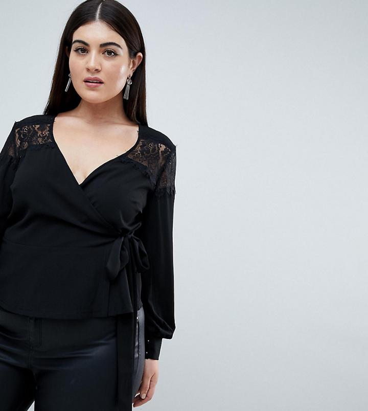 Outrageous Fortune Plus Ruffle Detail Lace Insert Wrap Blouse - Black