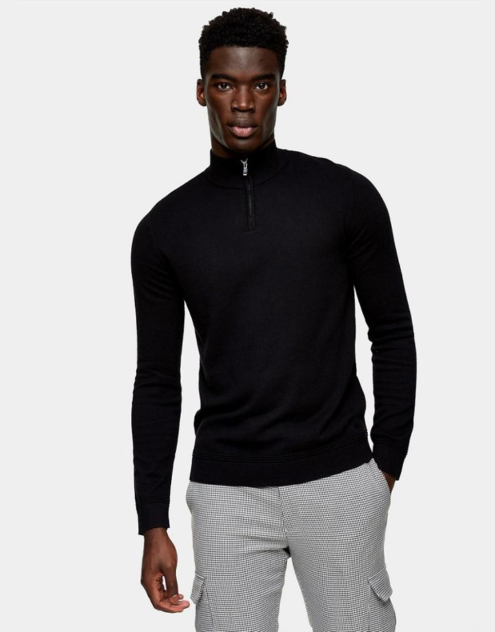 Topman Organic Knitted Turtle Neck Sweater With Zip In Black