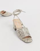 Public Desire Heidi Snake Print Ankle Tie Mid Heeled Sandals - Beige