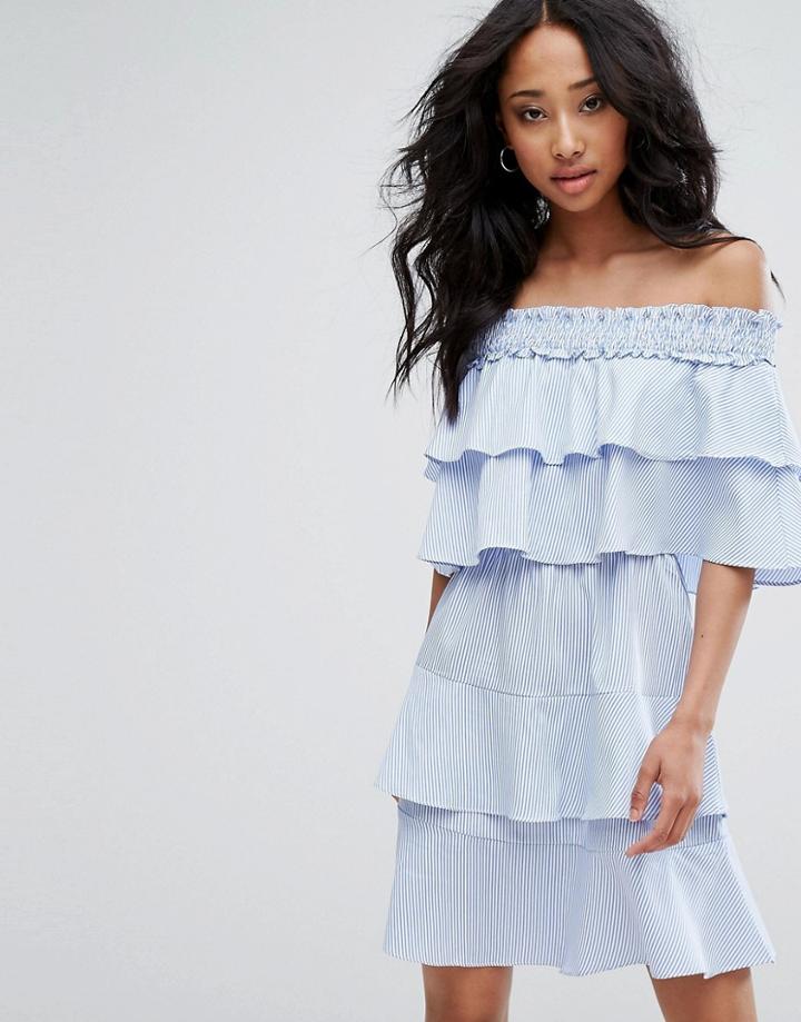 Prettylittlething Striped Bardot Frill Detail Shift Dress - Blue