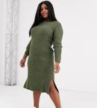 Vero Moda Curve Knitted Midi Dress With Side Split In Khaki-green