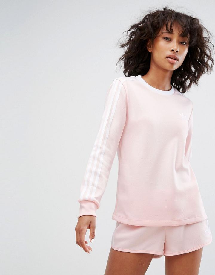 Adidas Three Stripe Long Sleeve Top In Pale Pink - Pink