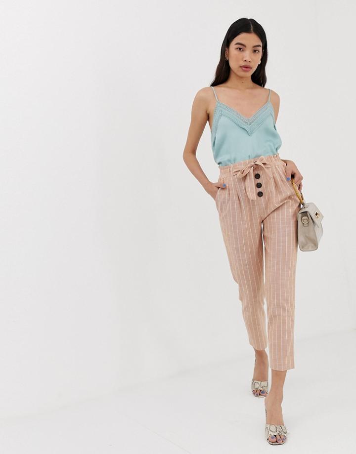 Stradivarius Tie Waist Linen Striped Pants In Pink