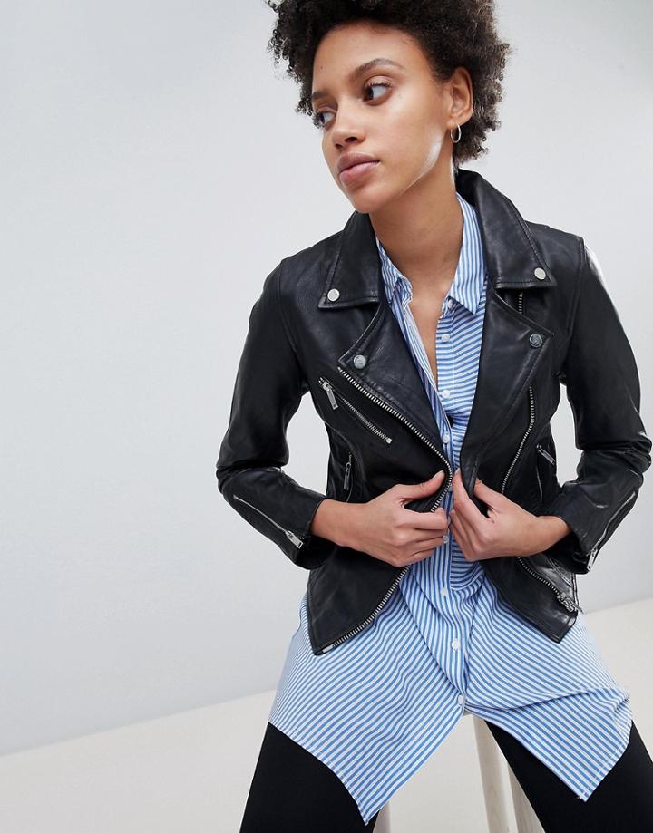 Stradivarius Real Leather Biker Jacket - Black