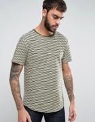 Only & Sons Longline T-shirt With Curved Hem And Jacquard Stripe - Green