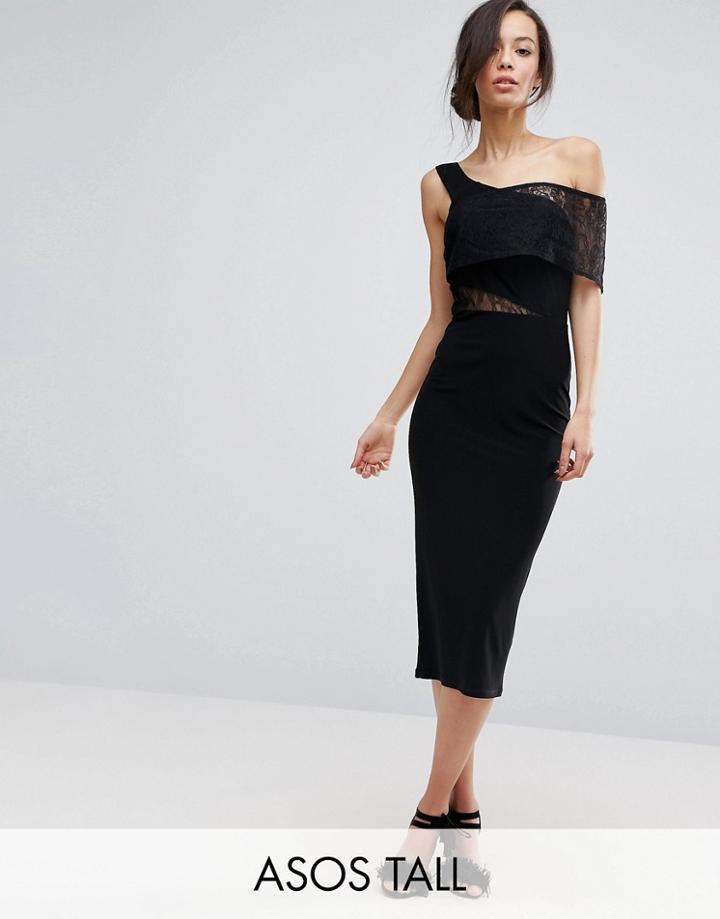 Asos Tall Slinky Bardot One Shoulder Lace Insert Midi Dress - Black