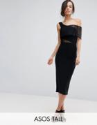 Asos Tall Slinky Bardot One Shoulder Lace Insert Midi Dress - Black