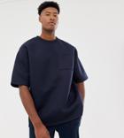 Asos Design Tall Oversized T-shirt With Half Sleeve In Scuba Fabric With Pocket In Navy - Navy