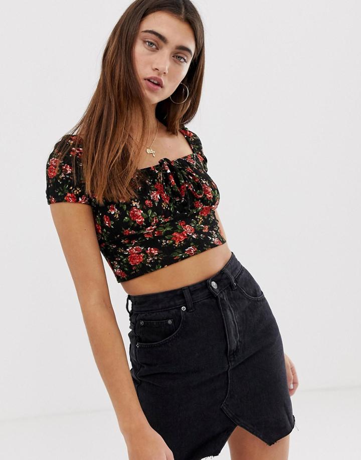 Pull & Bear Square Neck Ditsy Floral Crop Top - Black