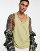 Asos Design Tank Top With Extreme Racer Back In Washed Khaki-green