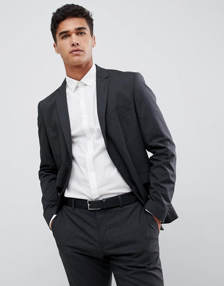 Jack & Jones Slim Fit Charcoal Plain Suit Jacket-gray