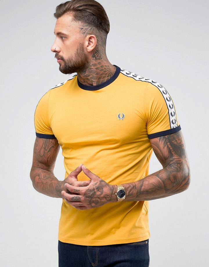 Fred Perry Slim Fit Sports Authentic Taped Sleeve T-shirt In Mustard - Yellow