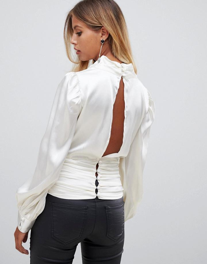 Asos Design Long Sleeve Satin Cowl Neck Top With Gathered Waist-cream